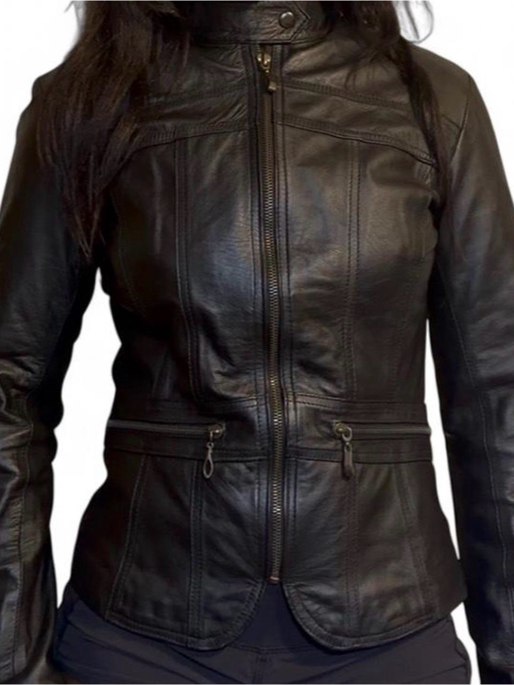 Fitted Black Leather Zip-Front Jacket